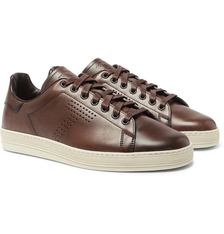 Photo: TOM FORD - Burnished-Leather Sneakers - Men - Brown
