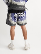 AMIRI - Wide-Leg Leather-Trimmed Tie-Dyed Fleece Drawstring Shorts - Blue