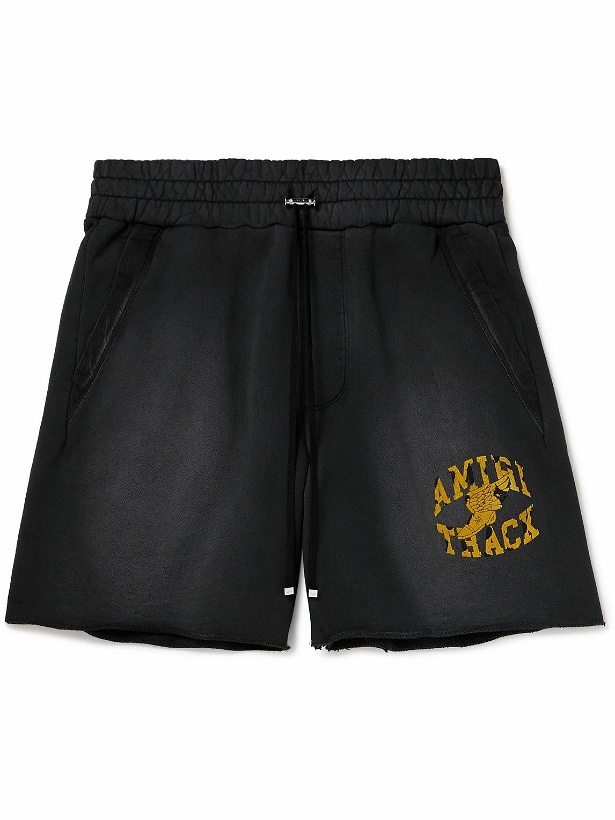Photo: AMIRI - Straight-Leg Logo-Flocked Distressed Cotton-Jersey Drawstring Shorts - Black