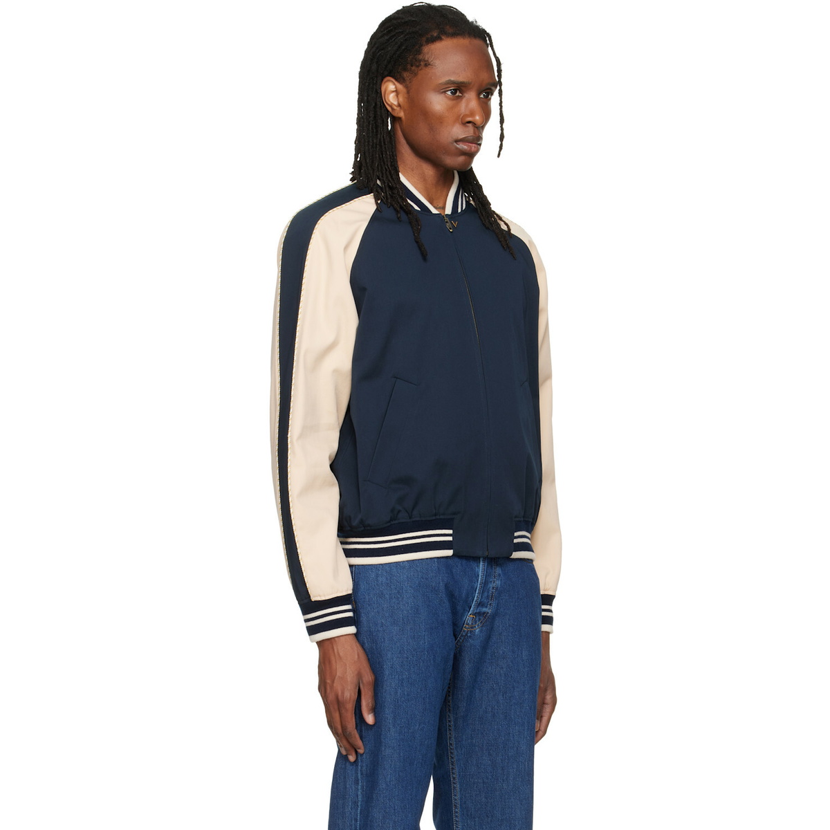 Valentino Navy Canvas & Fine Gabardine Bomber Jacket