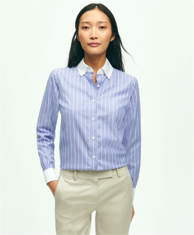 Photo: Brooks Brothers Women's Classic Fit Non-Iron Stretch Supima Cotton Stripe Shirt | Blue