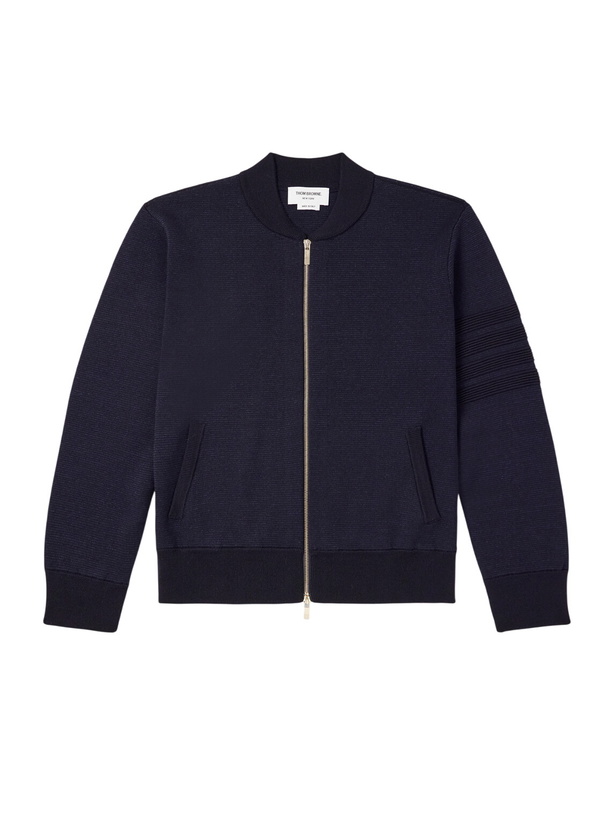 Photo: Thom Browne - Striped Wool, Linen and Cotton-Blend Zip-Up Cardigan - Blue