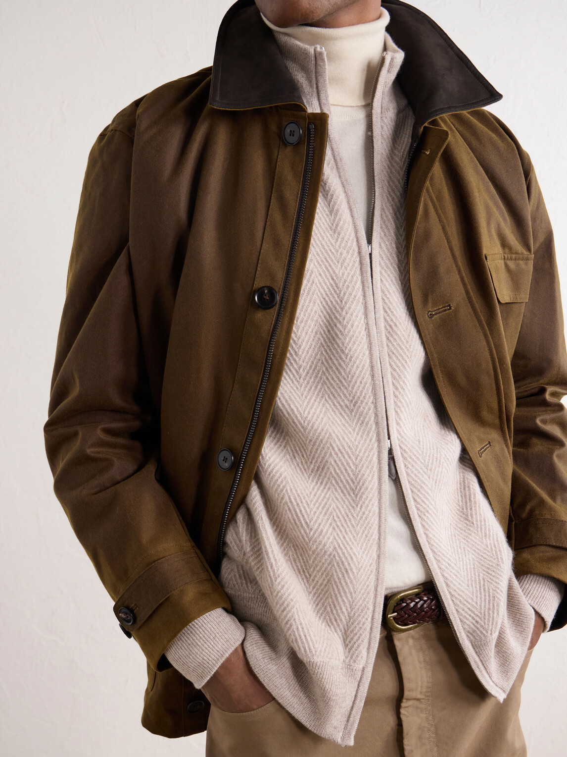 N.PEAL - Knightsbridge Herringbone Cashmere Zip-Up Cardigan - Neutrals