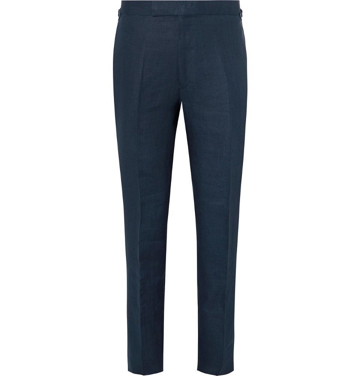 Photo: Kingsman - Navy Cotton, Linen and Silk-Blend Suit Trousers - Navy