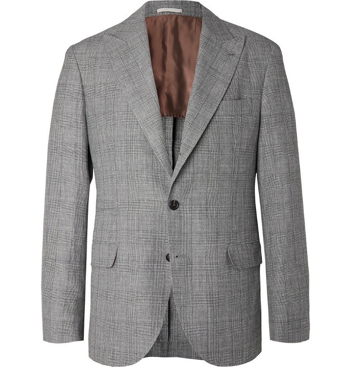 Photo: Brunello Cucinelli - Grey Prince of Wales Checked Wool, Linen and Silk-Blend Suit Jacket - Gray