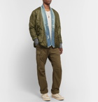 Greg Lauren - Distressed Denim and Jersey-Panellled Quilted Ripstop Jacket - Green