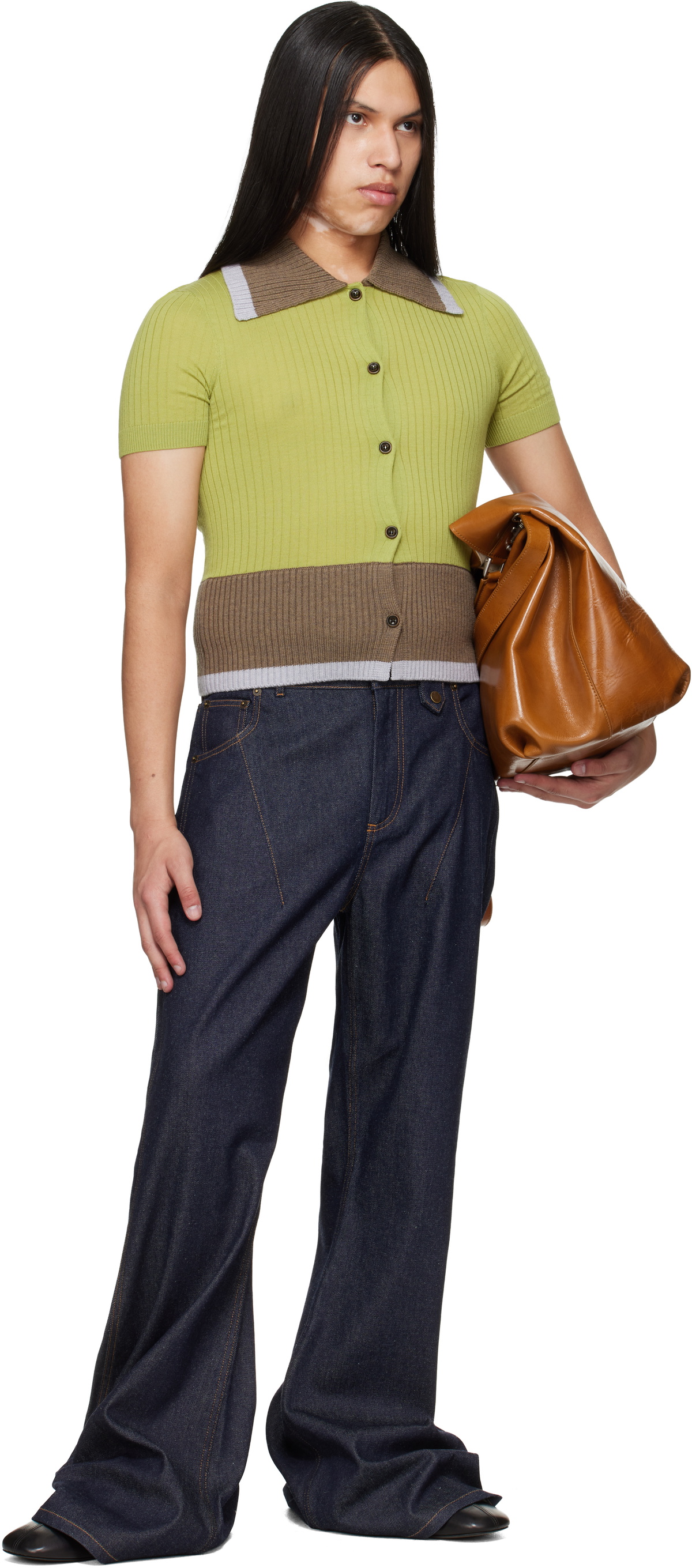 EGONlab Green & Brown Contrasted Ribs Knit Polo