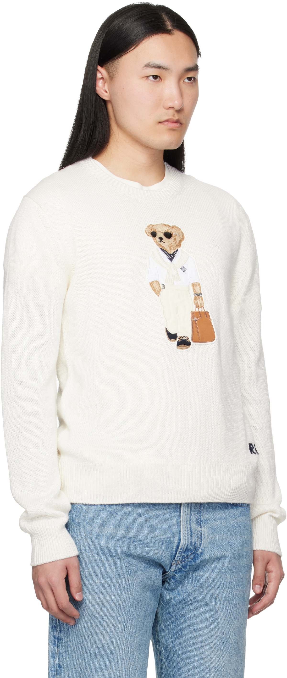 Ralph Lauren Purple Label White 'Polo Bear' Silk-Linen Sweater