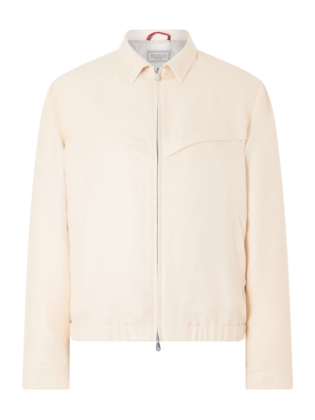 Photo: Brunello Cucinelli - Herringbone Wool, Silk and Linen-Blend Blouson Jacket - Neutrals