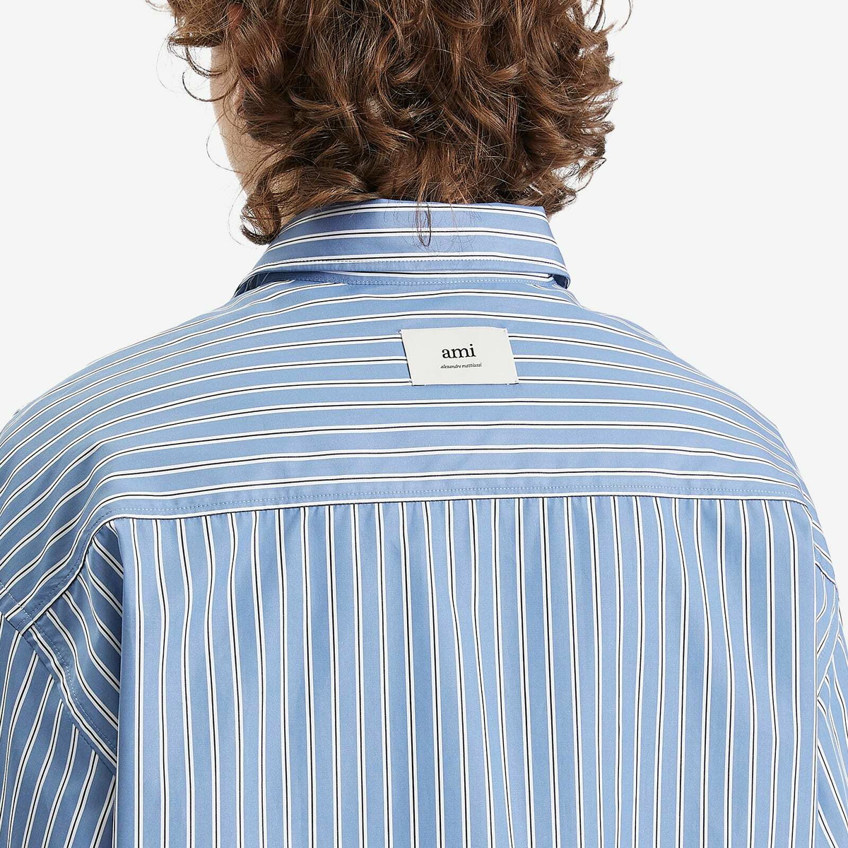 AMI Paris Men's Boxy Fit Stripe Shirt in Blue Note/White/Navy