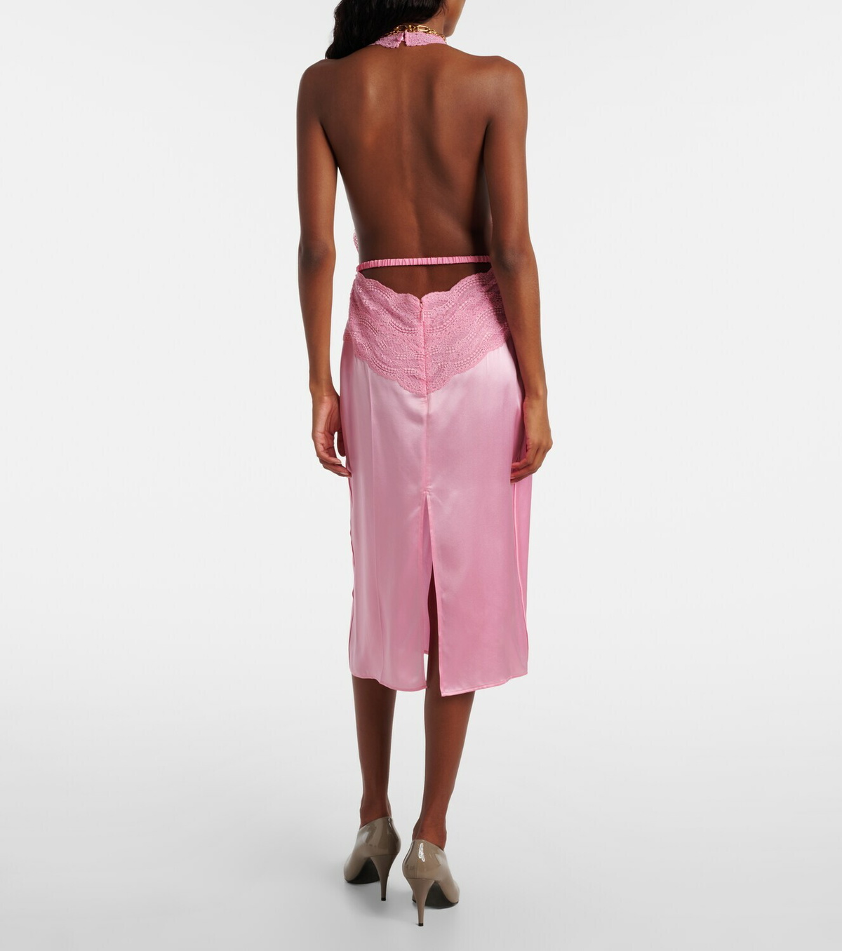 Gucci Lace-trimmed silk satin midi dress