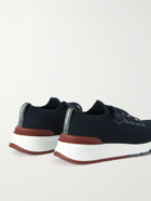 Brunello Cucinelli - Leather-Trimmed Stretch-Knit Sneakers - Blue
