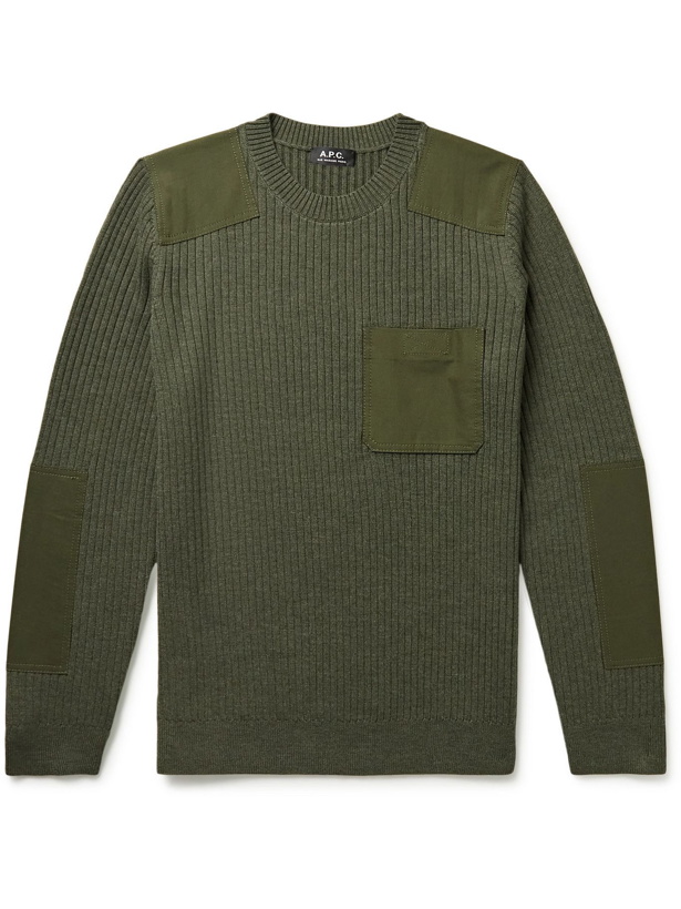 Photo: A.P.C. - Canvas-Trimmed Ribbed Wool Sweater - Green