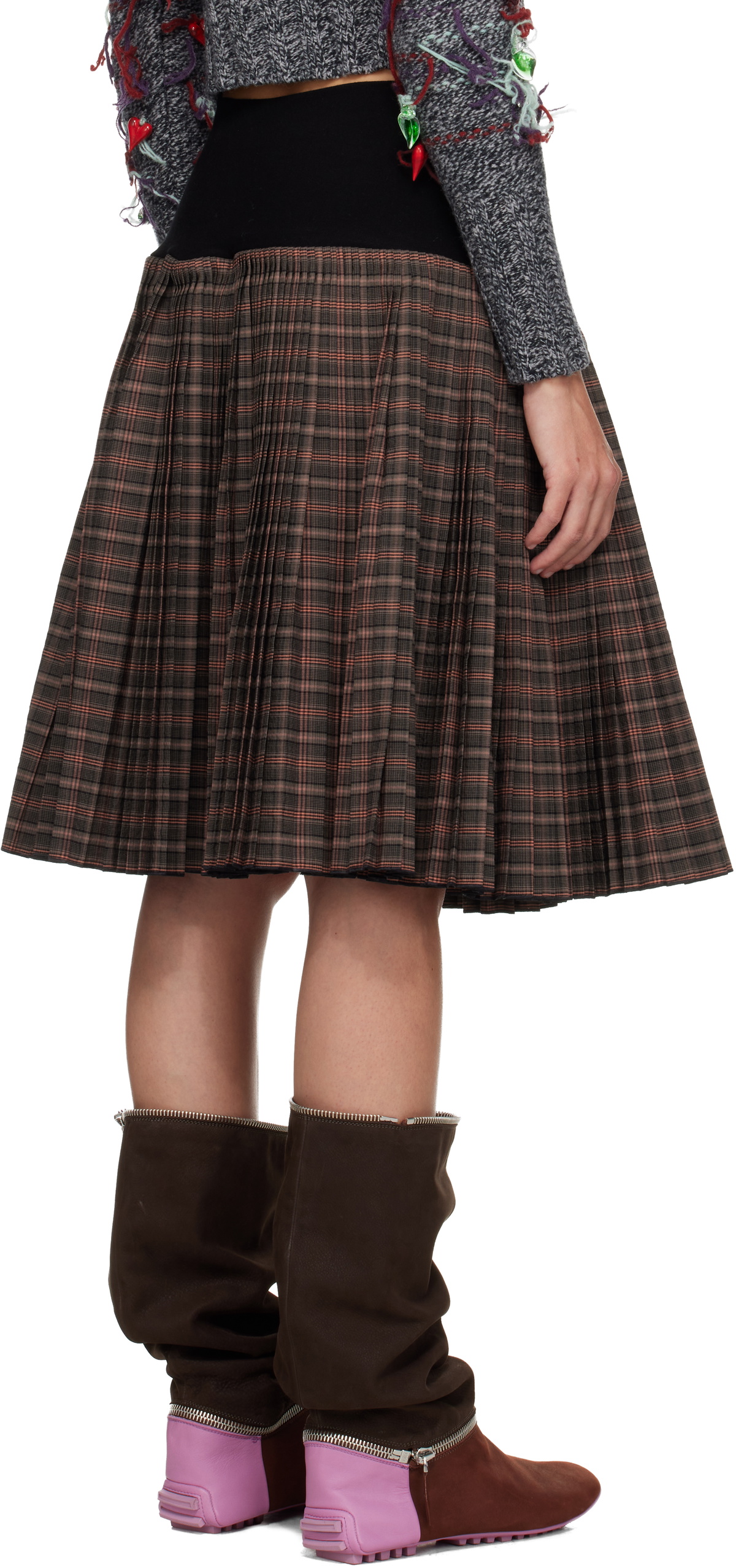 Chopova Lowena Brown Fret Black Knitted Pleated Knee Midi Skirt