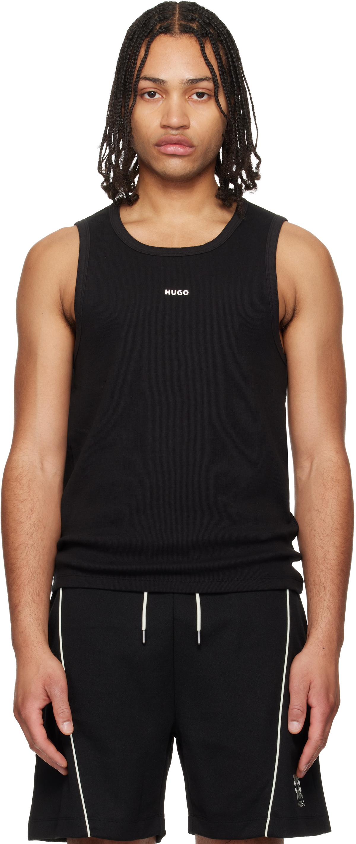 Hugo Black Contrast-Logo Slim-Fit Stretch Cotton Tank Top