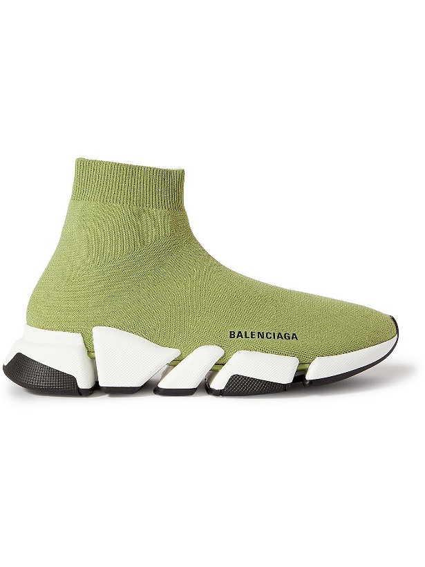 Photo: Balenciaga - Speed 2.0 Logo-Print Stretch-Knit Slip-On Sneakers - Green