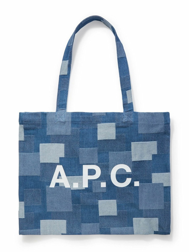 Photo: A.P.C. - Diane Logo-Print Patchwork Stonewashed Denim Tote Bag