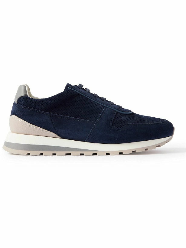 Photo: Brunello Cucinelli - Olimpo Leather-Trimmed Perforated Suede Sneakers - Blue