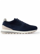 Brunello Cucinelli - Olimpo Leather-Trimmed Perforated Suede Sneakers - Blue