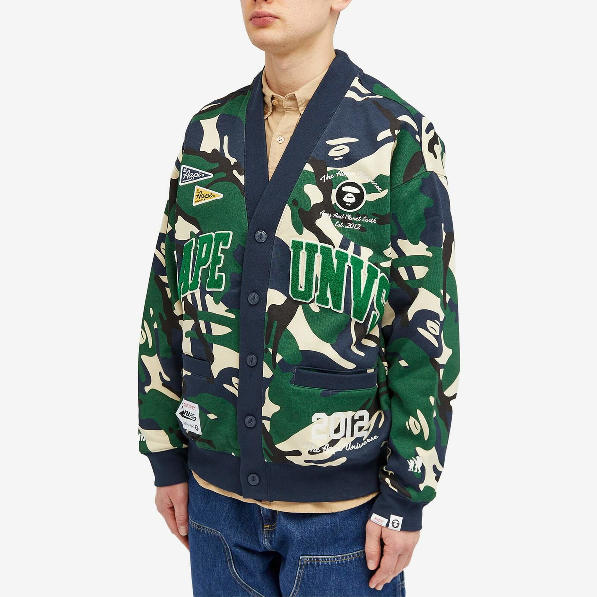 Men's AAPE College Camo Cardigan in Green (Navy) AAPE by A Bathing Ape