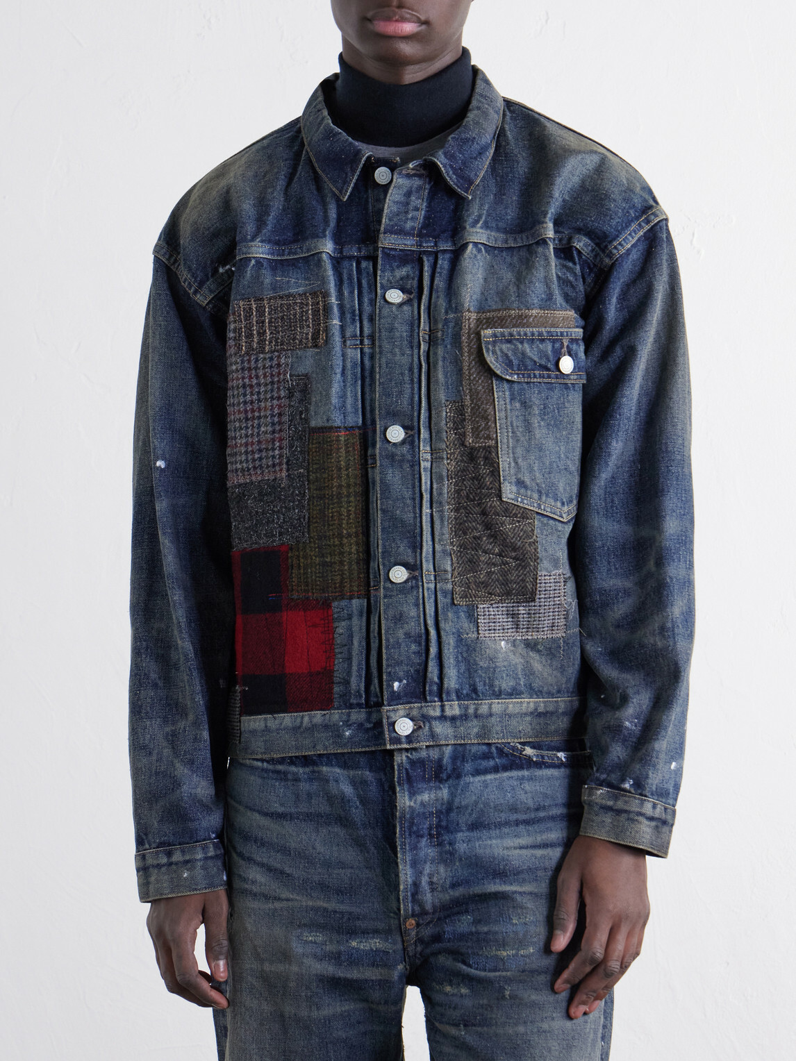 Junya Watanabe - Patchwork Distressed Paint-Splattered Denim Jacket - Blue