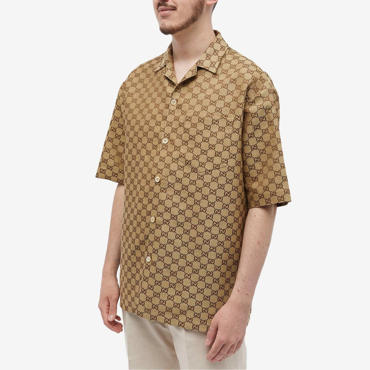 Gucci Men's GG Jacquard Vacation Shirt in Camel Gucci