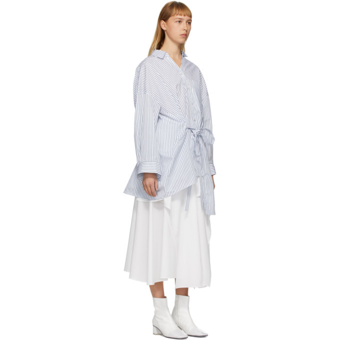 Enfold White and Green Striped Belted Asymmetric Drape Shirt