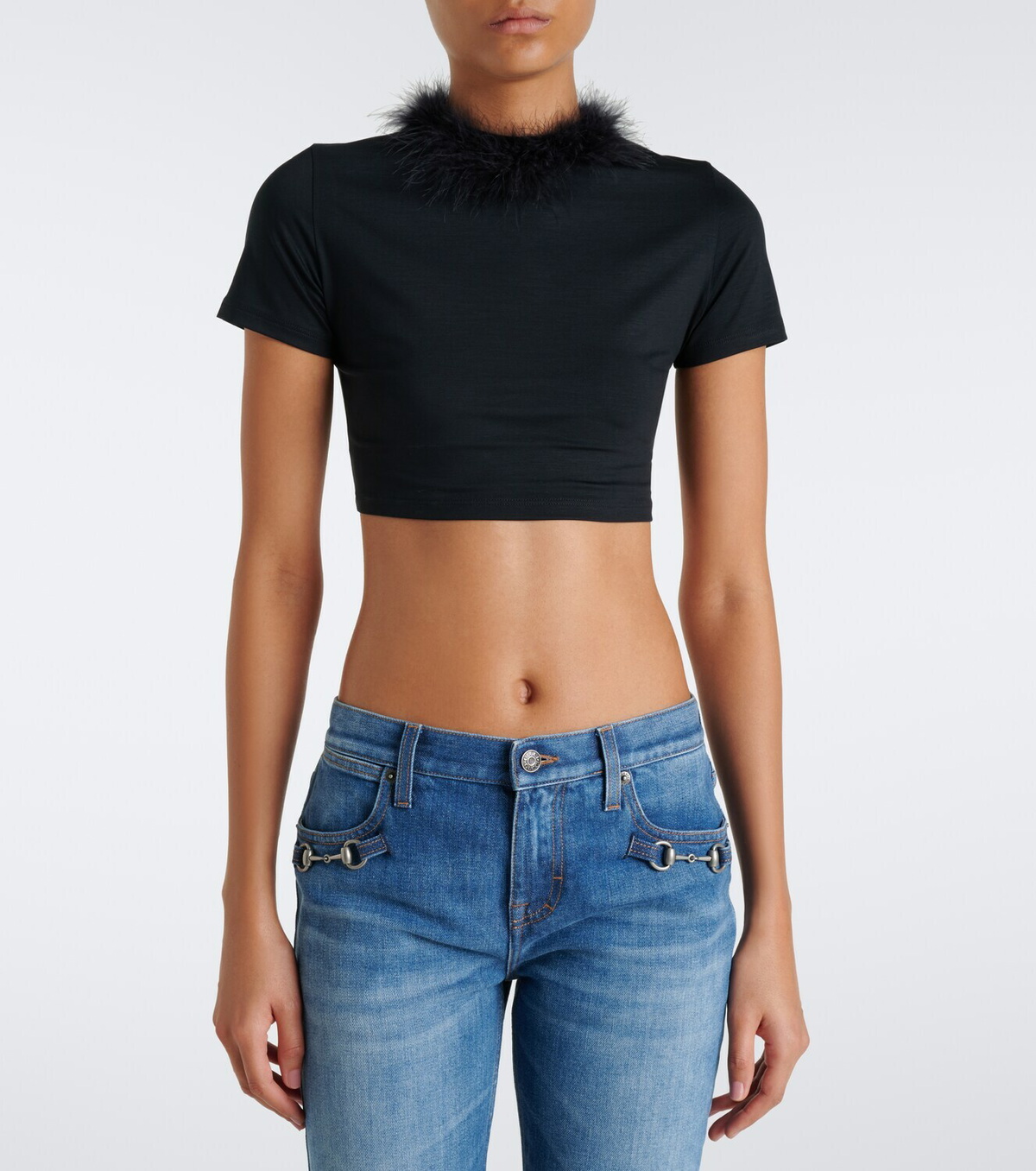 Gucci Feather-trimmed jersey crop top