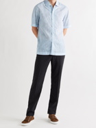 ERMENEGILDO ZEGNA - Convertible-Collar Printed Linen and Cotton-Blend Shirt - Blue