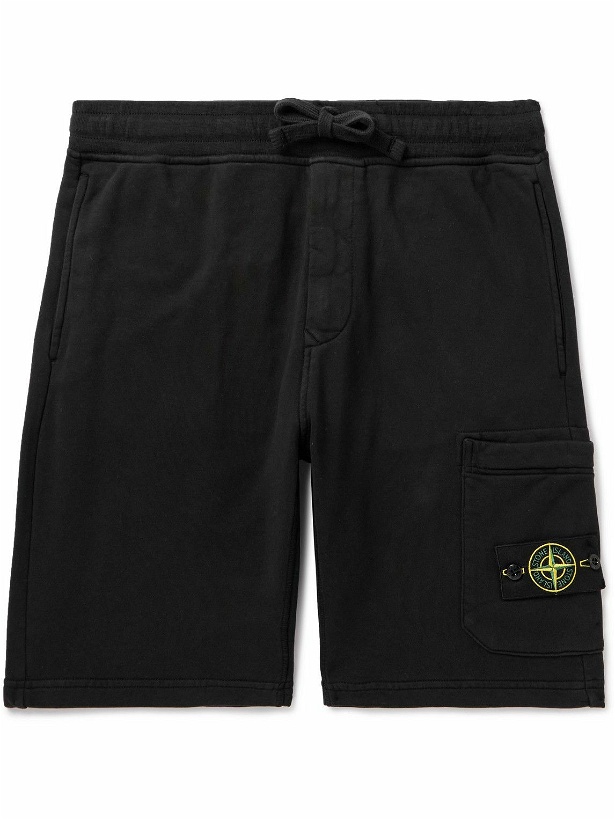 Photo: Stone Island - Straight-Leg Logo-Appliquéd Garment-Dyed Cotton-Jersey Drawstring Shorts - Black