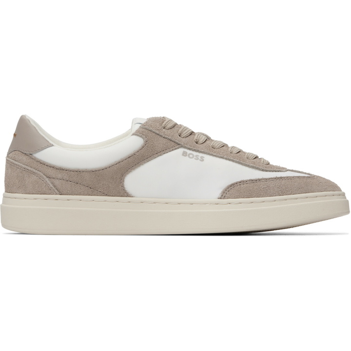 Photo: BOSS White & Taupe Suede Trims Lace-Up Sneakers