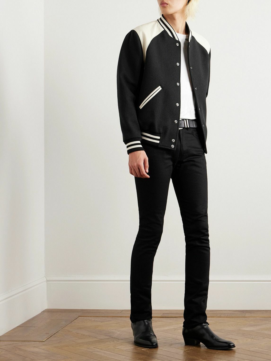 CELINE - Teddy Striped Colour-Block Leather-Trimmed Virgin Wool