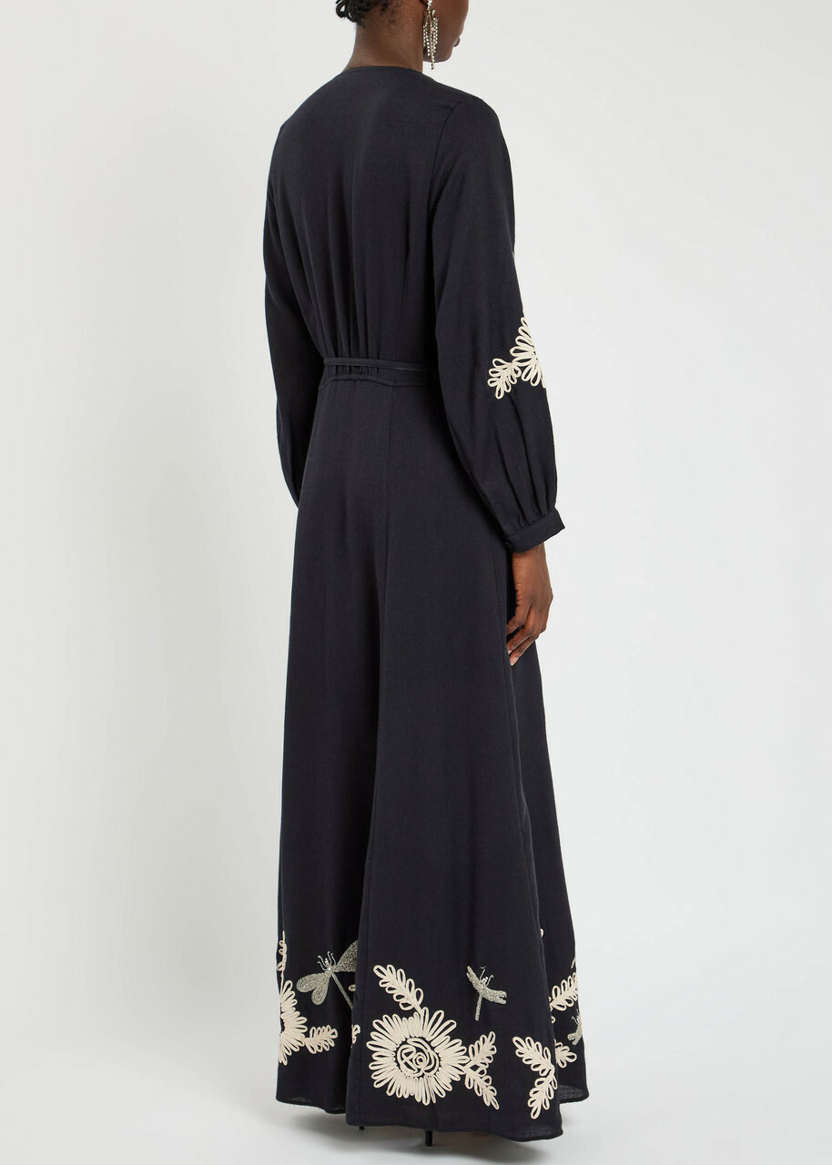Forte_forte Embroidered Cotton and Wool-blend Maxi Wrap Dress Blue