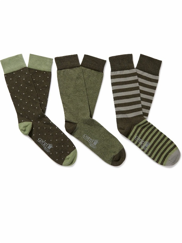 Photo: Kingsman - Three-Pack Patterned Cotton-Blend Socks - Green
