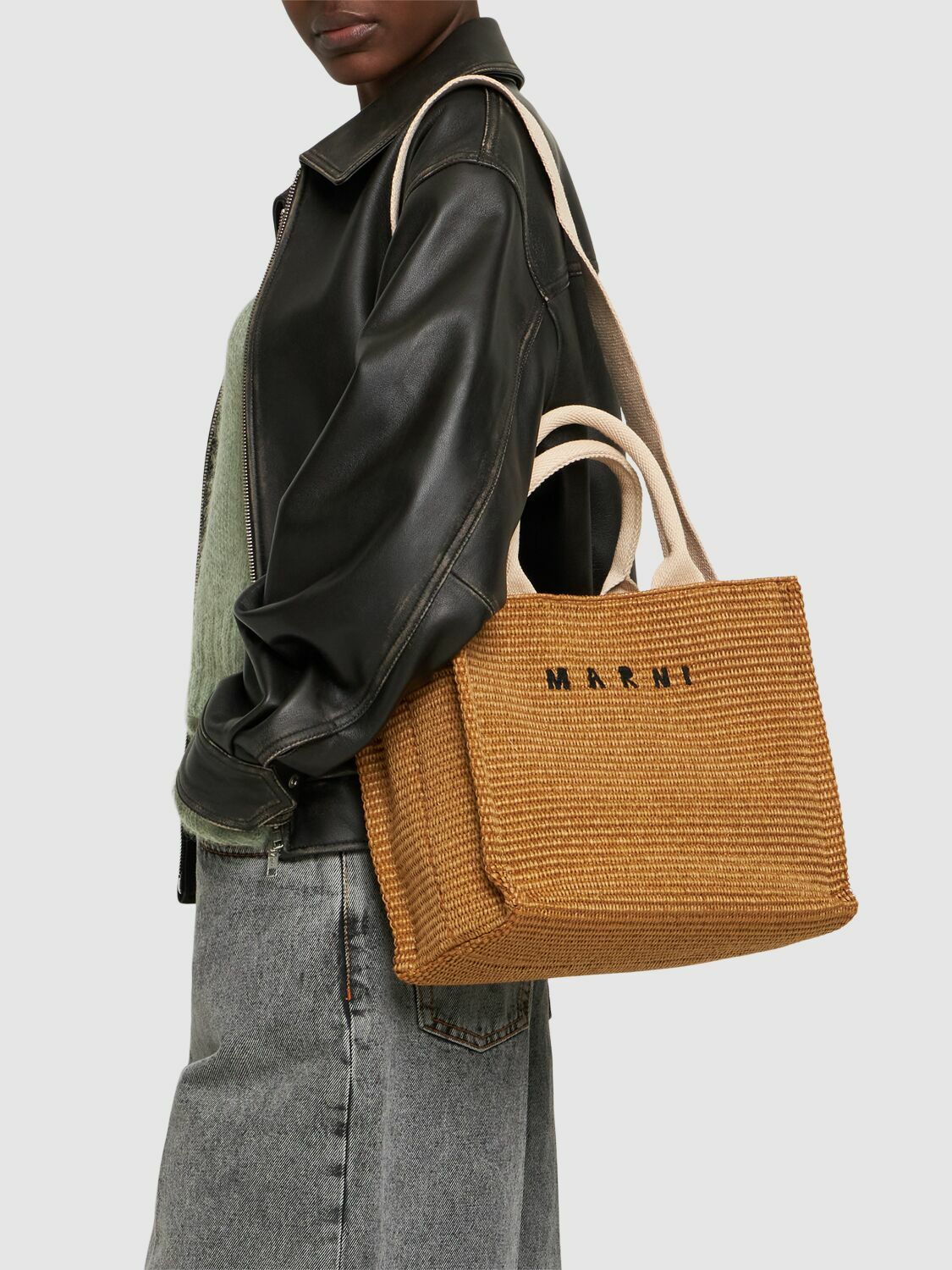 トートバッグ MARNI SMALL RAFIA EFFECT LOGO TOTE BAG Green-coloured raffia-effect Small Tote Bag | Marni