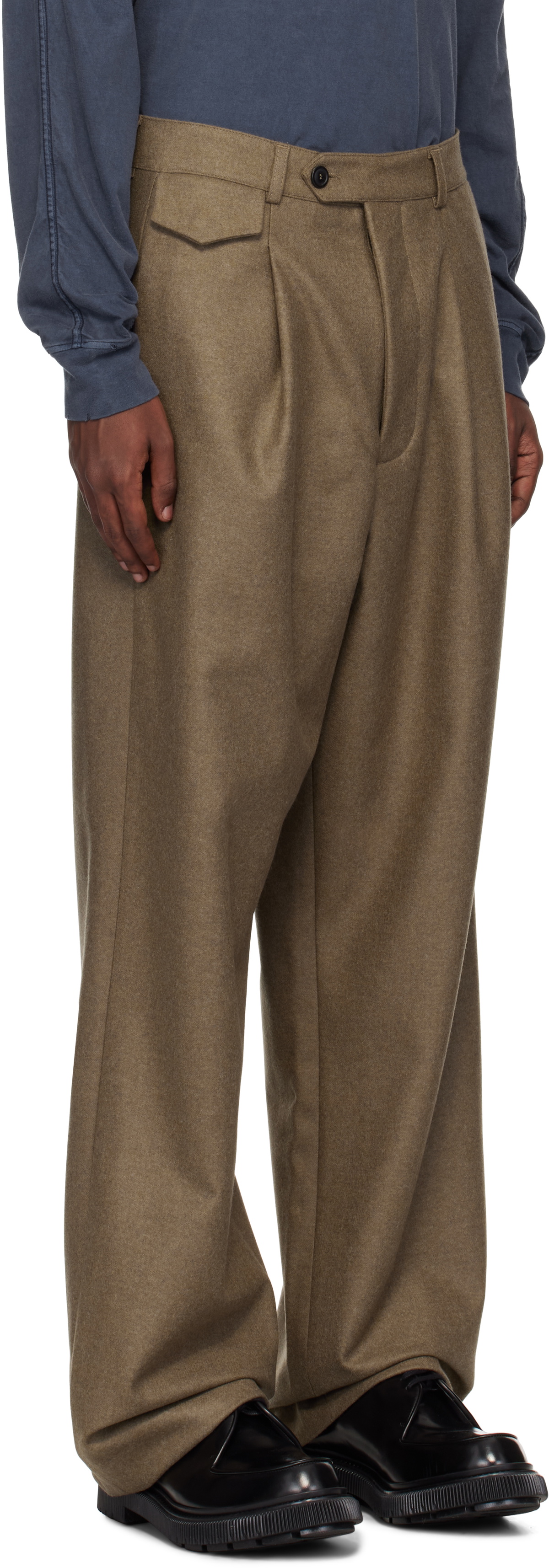 Lownn Taupe Flannel Wool Wide Trousers