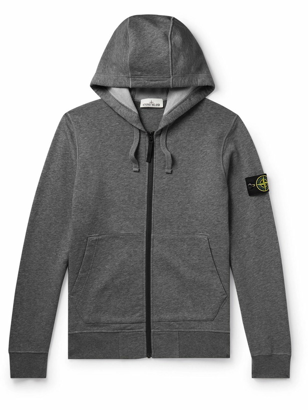 Photo: Stone Island - Garment-Dyed Logo-Appliquéd Cotton-Jersey Zip-Up Hoodie - Gray