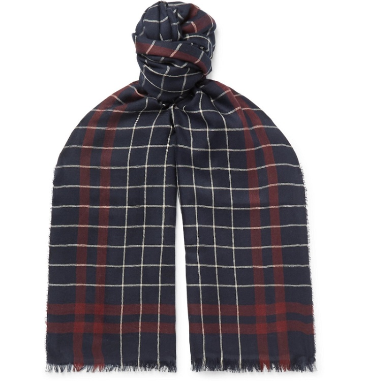 Photo: Begg & Co - Magellan Fringed Checked Cashmere and Silk-Blend Scarf - Blue