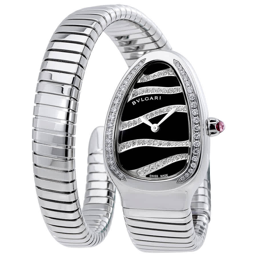 Bvlgari Serpenti Tubogas Black Dial Steel Diamond Ladies Watch 102440