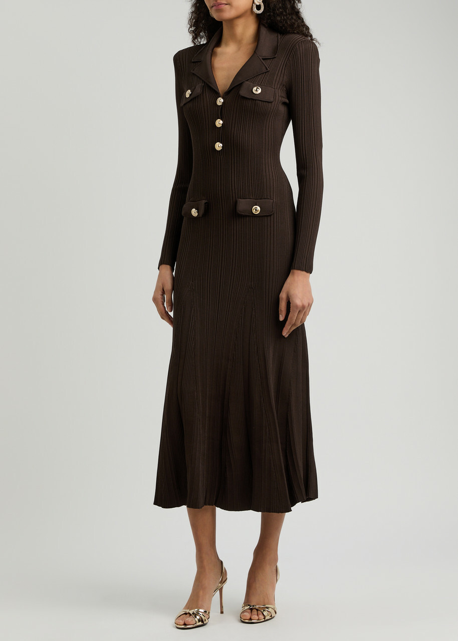 Self-portrait Ribbed-knit Maxi Dress Brown