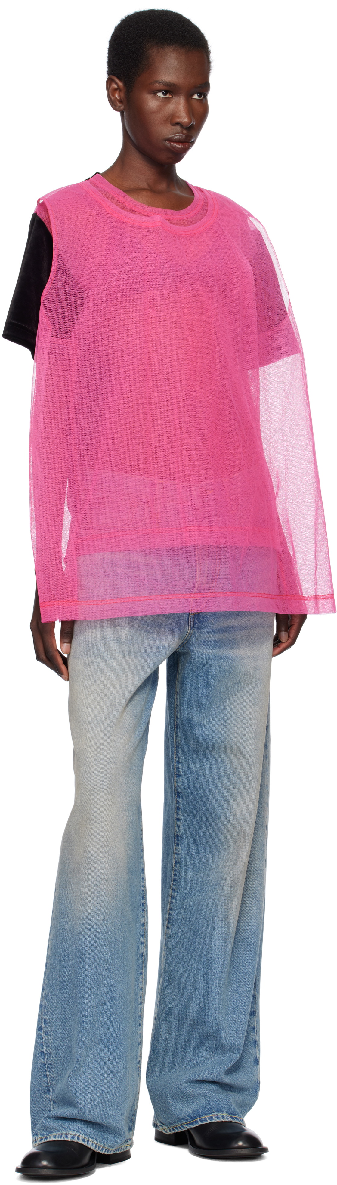 Comme des Garçons Homme Plus Black & Pink Bright Jersey & Nylon Tulle T-shirt