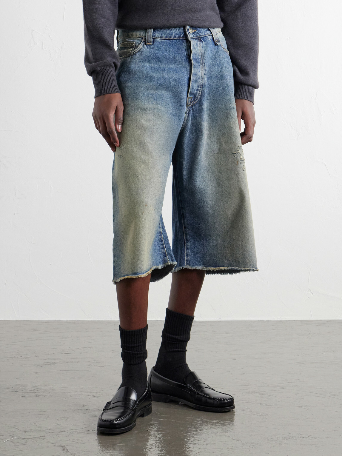 424 - Big Daddy Wide-Leg Distressed Denim Shorts - Blue