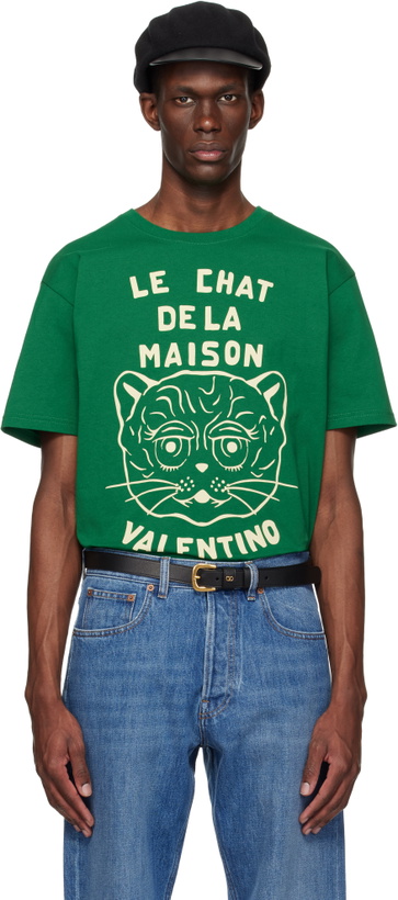 Photo: Valentino Green Cotton 'Le Chat De La Maison' Print T-shirt