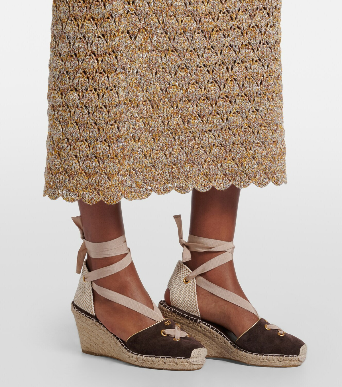 Valentino Open-knit linen-blend lamé midi dress