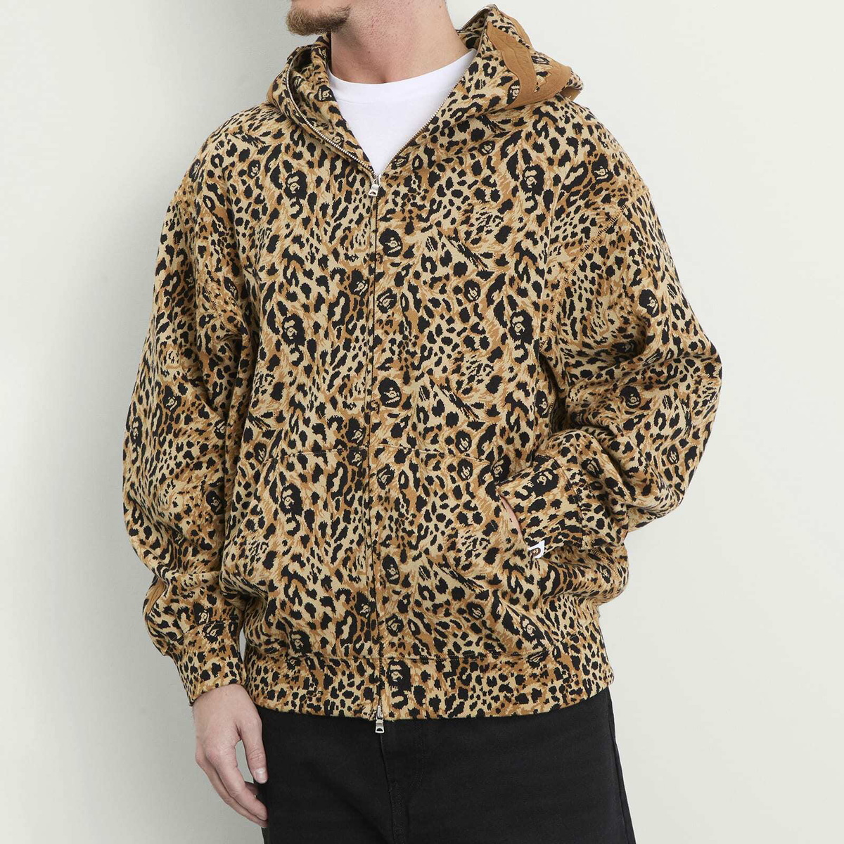 A Bathing Ape Men's Wild Leopard Print Shark Zip Hoodie in Beige