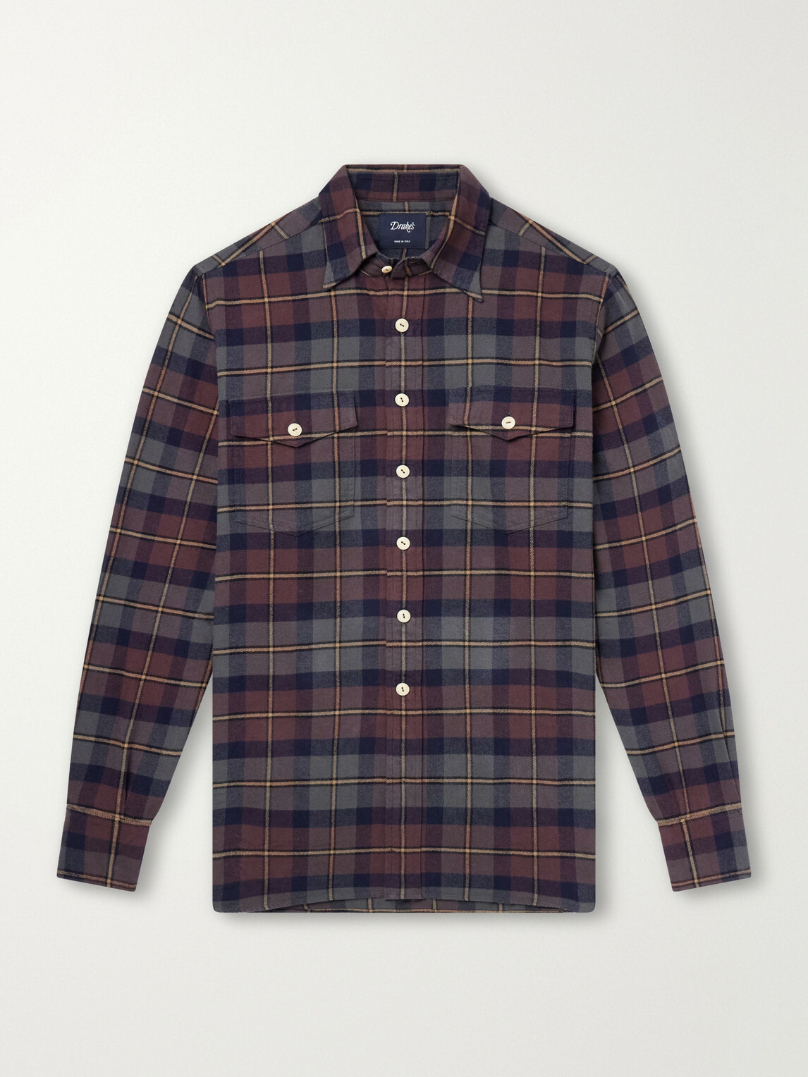 Drake's - Brushed Checked Cotton-Flannel Shirt - Brown