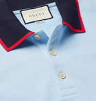 Gucci - Appliquéd Striped Cotton-Blend Piqué Polo Shirt - Men - Sky blue