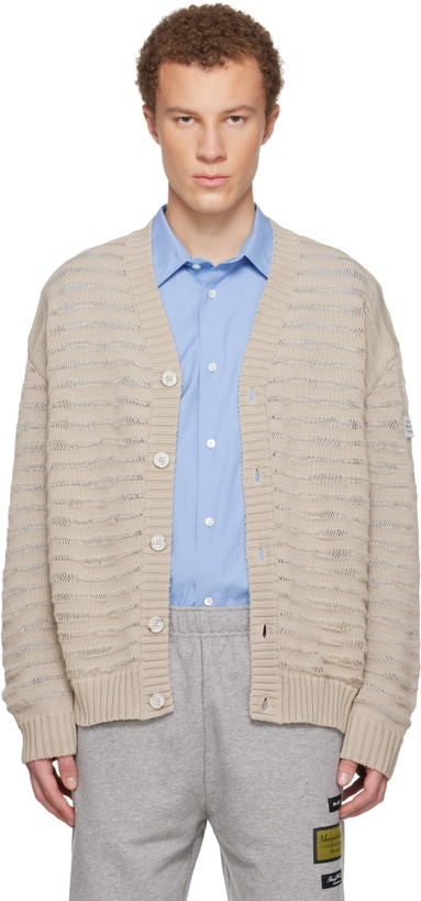 Photo: MM6 Maison Margiela Beige Open-Knit Stripe Cardigan