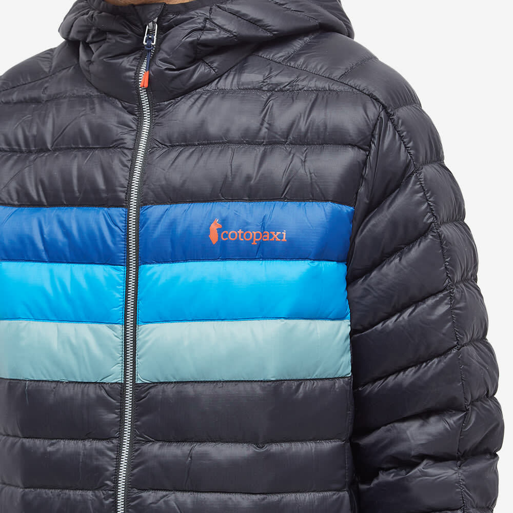 Cotopaxi Men's Fuego Down Hooded Jacket in Black/Pacific Stripes