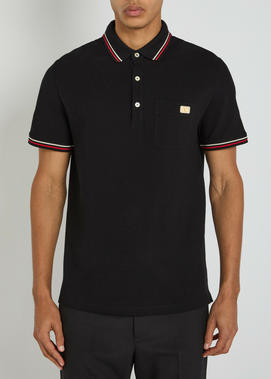 Valentino Garavani Striped Trims Cotton Polo Shirt Black